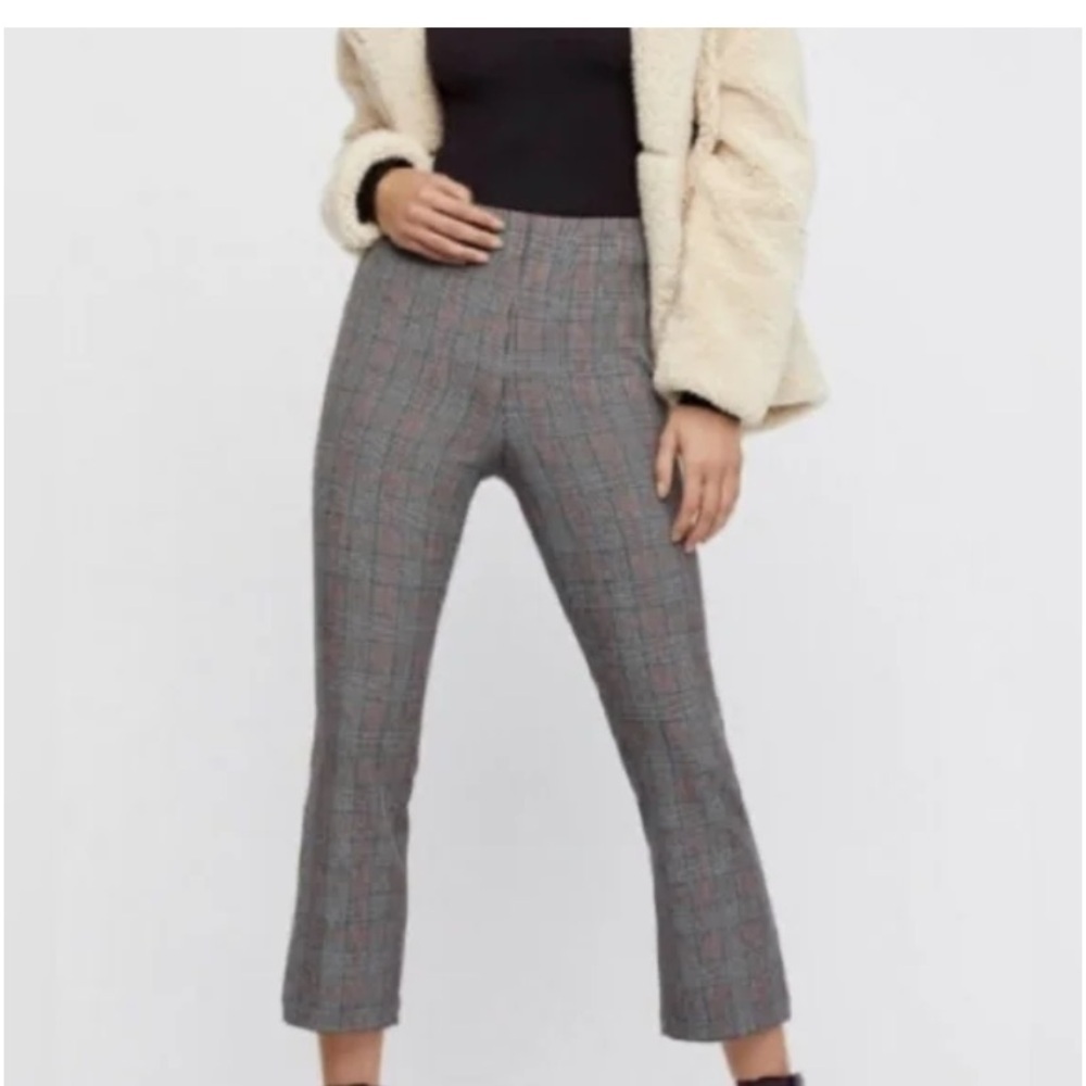 Free People Kick Flare Plaid Cropped High Rise Gray Trouser Pants Plaid Office - Picture 2 of 14